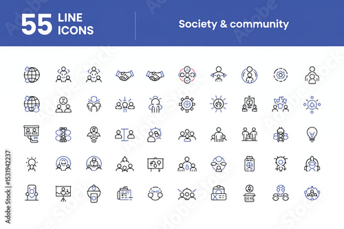 55 Society & Community Line Icons Teamwork, Cooperation, and Collaboration Outline Set