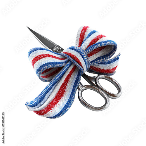 Red, White, and Blue Ribbon Cut with Scissors - Grand Opening Concept