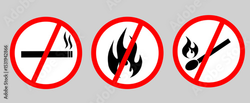 no smoking sign, No smoking, forbidden no smoking and no open fire burning red sign. No open flame sign symbol.