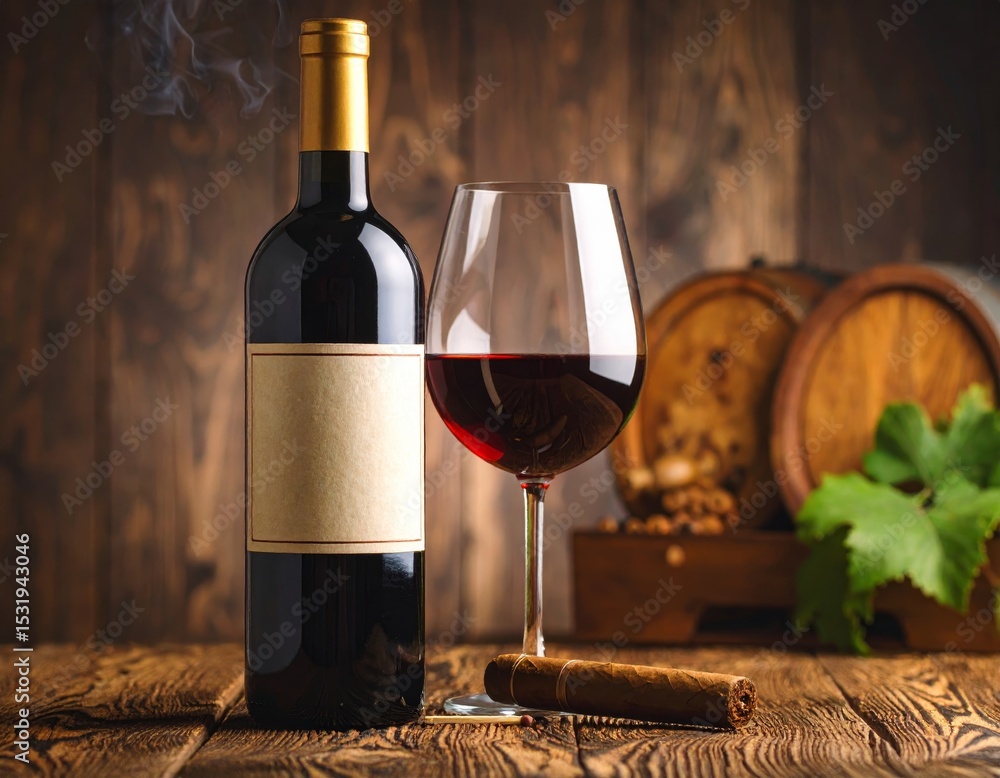 bottle of wine, glass and a cigar with matches; vintage still life in the theme retro style bottle of wine, glass and a cigar with matches; vintage still life in the theme retro style