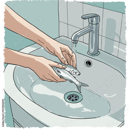 Hands cleaning fish under running water in kitchen sink  