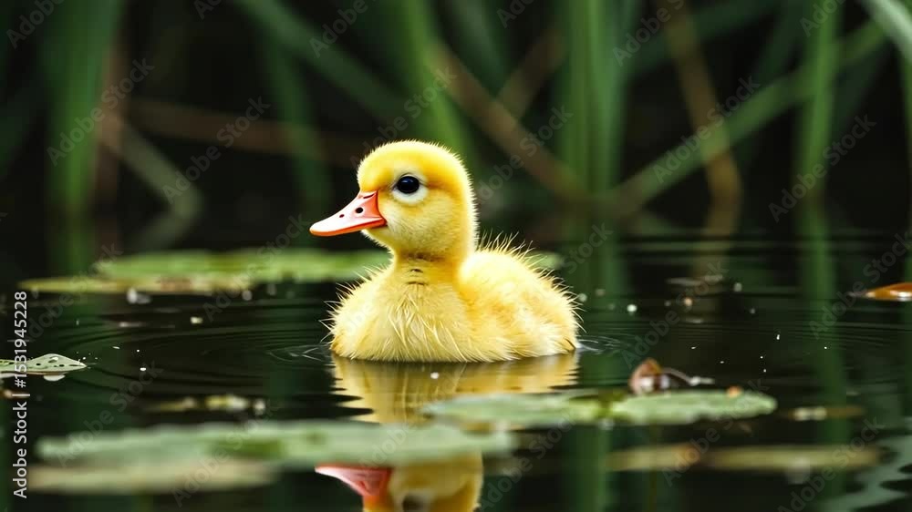 A cute yellow duckling swimming in a serene pond. A cute yellow duckling swimming in a serene pond.