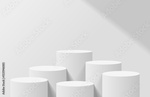 Abstract clean realistic 3d white cylinder podium and light shadow on wall. Minimal wall scene for product mockup. Vector geometric platform. 3d stage for product presentation. 3d vector rendering.