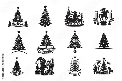 Elegant collection of black and white christmas tree illustrations and holiday themed designs