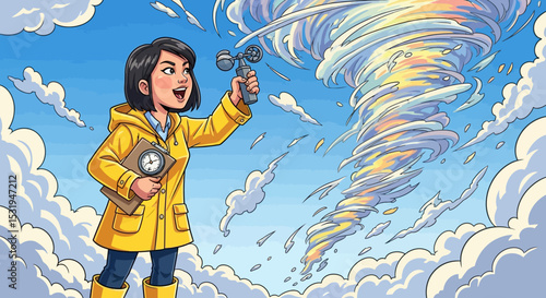 Female Meteorologist Observing a Tornado with Anemometer