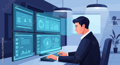 Cybersecurity Analyst Monitoring Data on Multi-Screen Setup in Modern Office