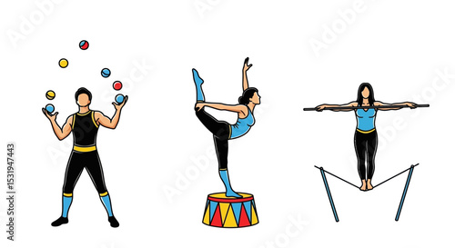 Circus Performers Vector Illustration – Juggler, Acrobat, and Tightrope Walker