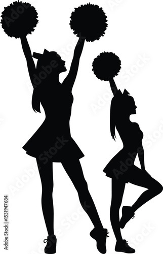 Silhouette illustration of two cheerleaders performing with pom poms in upbeat positions