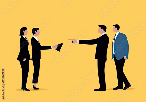 Business professionals in formal attire pointing and handing documents during recruitment or hiring process in minimal flat style vector illustration on yellow background