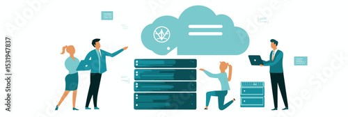 Team collaborating on cloud data backup and server security process with business people using laptops and digital files in flat vector illustration