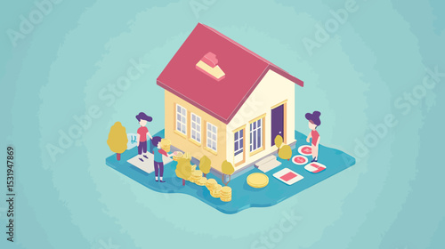 Isometric Family Buying Home Illustration with Coins, Mortgage Payment Concept, Real Estate Investment and House Loan Flat Vector Design