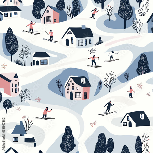 Winter landscape pattern with houses, leafless trees and people cross country skiing on snowy winding trails in flat minimalist style