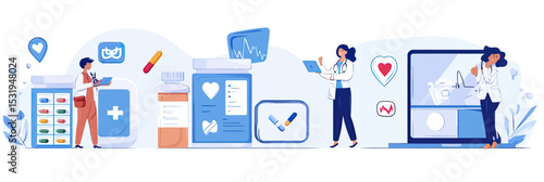 Healthcare digital services concept with online doctor consultation medicine pharmacy pharmacy delivery and health insurance policy flat vector illustration