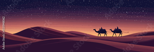 Arabian camel caravan crossing desert dunes during sunset with starry night sky silhouetted travelers on camels minimalistic vector landscape