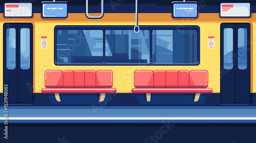 Empty subway car interior with red seats and windows in flat minimalist vector style public transportation urban train commuter design