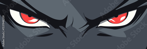 Close up of intense angry man eyes with red irises and sharp black eyebrows in manga anime style flat minimalist vector illustration