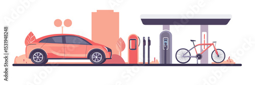 Electric car charging station with electric bicycle under canopy in modern cityscape flat minimalist vector illustration sustainable transport concept