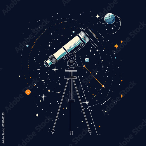 Illustration of telescope with starry night sky, planets, constellations, and cosmic elements in flat minimalist vector style for astronomy and space observation concept