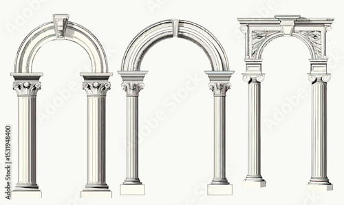 Vector illustration set of classical antique architectural arches with Corinthian and decorative columns in vintage engraved line style for design and decoration
