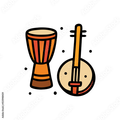 Rhythmic Duo: Depiction of a vibrant Djembe drum and a Banjo, an invitation to a world of sound, rhythm, and melodic beauty.