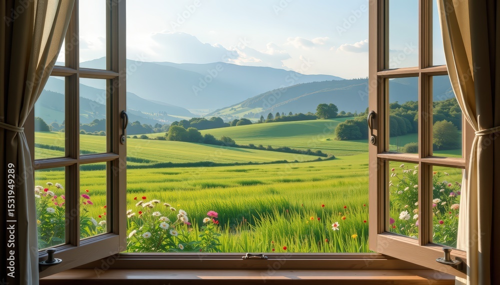 Fototapeta premium a peaceful view from a window overlooking a vast green meadow with blooming wildflowers and rolling