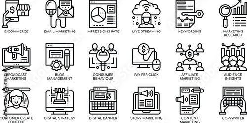 Digital Marketing Strategies E-commerce, Email, SEO, and More - Icon Set