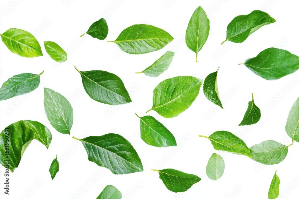 Green leaves falling isolated on white background Green leaves falling isolated on white background