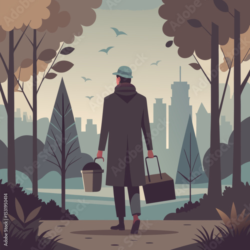 A Man's Peaceful Autumn Stroll Through Urban Park