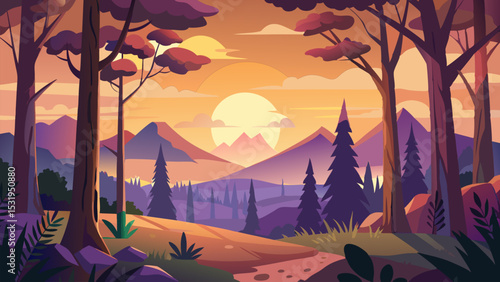 Sunset Landscape. Serene Mountain View and Forest Path