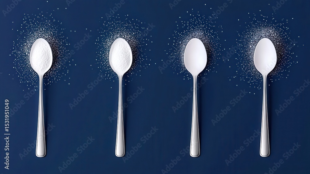 Four Silver Spoons with Sugar on Dark Blue Background for Culinary and Food Photography Four Silver Spoons with Sugar on Dark Blue Background for Culinary and Food Photography