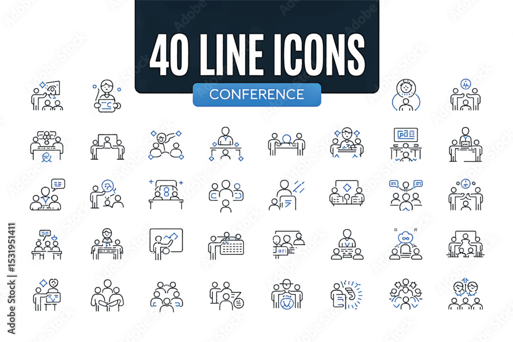 Conference Icon Set: A comprehensive collection of 40 line icons represents a variety of conference activities and themes in modern visual style. Conference Icon Set: A comprehensive collection of 40 line icons represents a variety of conference activities and themes in modern visual style.