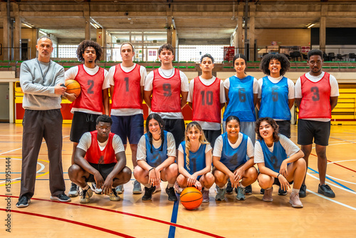Photography High school basketball team posing with coach in gymnasium