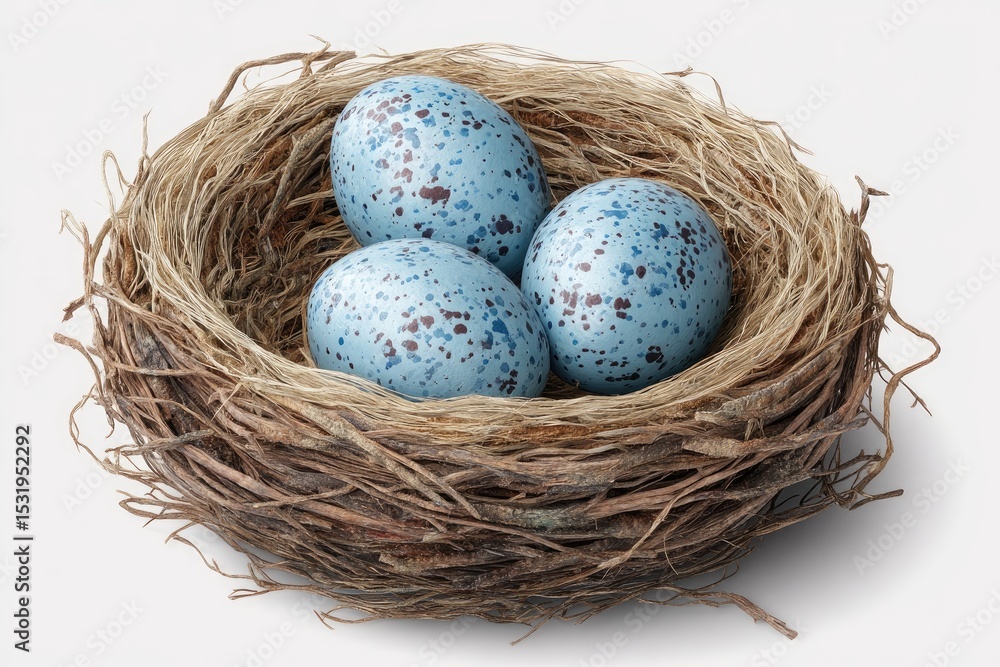 Light blue speckled eggs nestled in a rustic bird's nest Light blue speckled eggs nestled in a rustic bird's nest