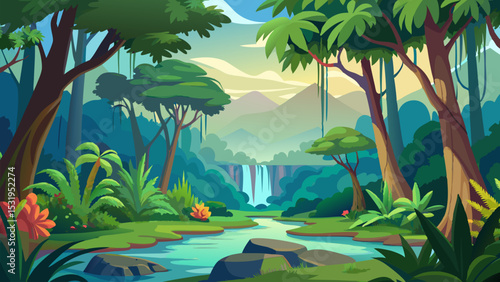Tropical Waterfall Landscape. Serene Jungle River and Lush Greenery