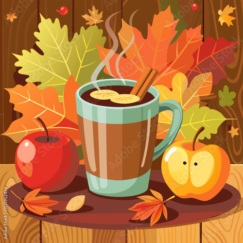 Cozy Autumn Mug of Apple Cider with Cinnamon and Fall Leaves