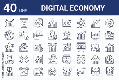 Digital Economy Icon Set: A comprehensive collection of 40 meticulously designed icons that embody the essence of the digital economy, capturing concepts of data, finance.