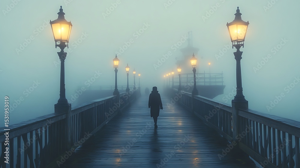 Obraz premium Foggy Pier Walk Person Walking on Wood Boardwalk with Vintage Lampposts at Night