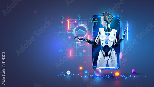 A female AI chatbot robot on a phone screen holds icons of Internet services in her hand. A chatbot in the image of a beautiful cyborg girl processes user data and answers questions. AI assistant.