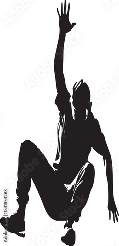 "Powerful silhouette of a male figure caught mid-action, dynamically reaching skyward with an outstretched hand, symbolizing ambition and ascent."
