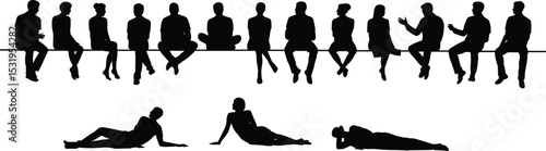 Silhouette Icons of People Sitting, Standing, and Relaxing in Various Poses for Social Interaction flat vector illustration