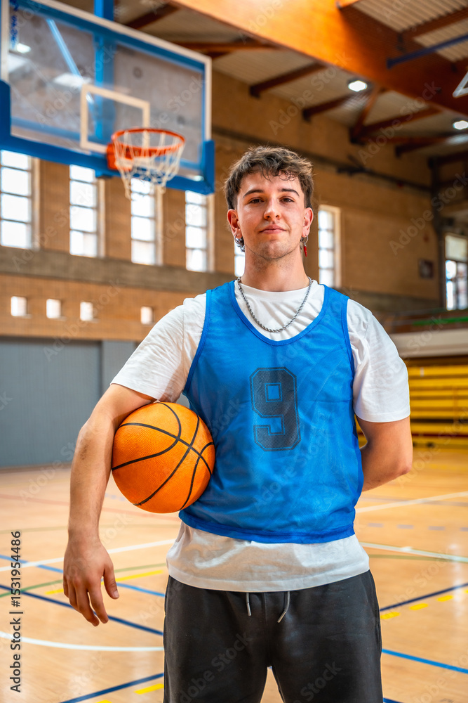 Naklejka premium Basketball player holding ball in indoor court posing after training