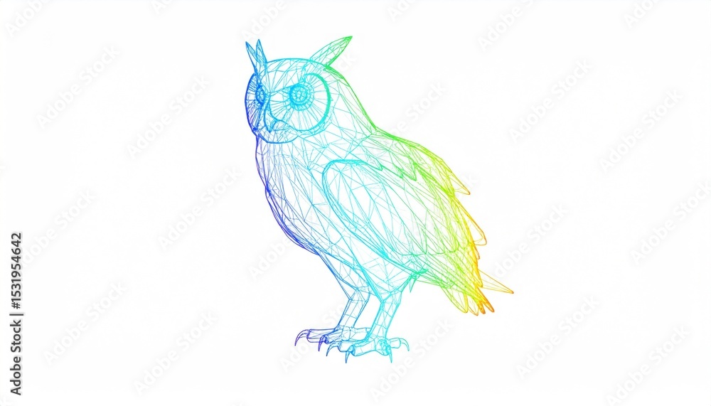 Colorful Wireframe Owl Illustration on White Background in Simple Style Colorful Wireframe Owl Illustration on White Background in Simple Style