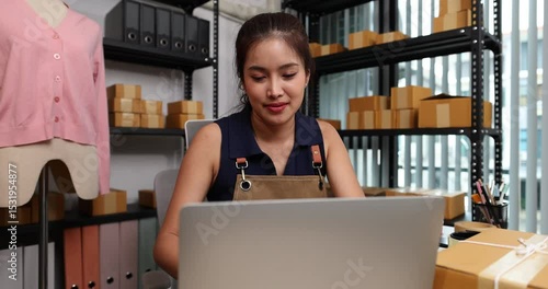 a woman is live streaming to introduce her produce her products to interested customers and also pack the products for customers who have already ordered, parcel, clothing, sale, startup