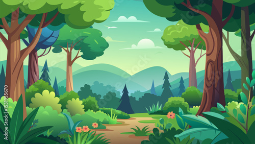 Serene Forest Landscape. Picturesque Pathway Through Lush Greenery and Rolling Hills