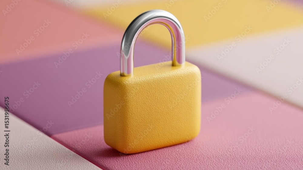 Fototapeta premium Modern Yellow Padlock on Colorful Textured Blocks Emphasizing Security and Protection Trends for Digital Privacy and Cyber Defense Marketing