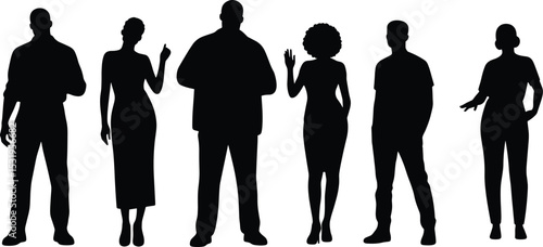 Silhouette Icons of Diverse People Standing in a Row for Inclusivity and Team flat vector illustration