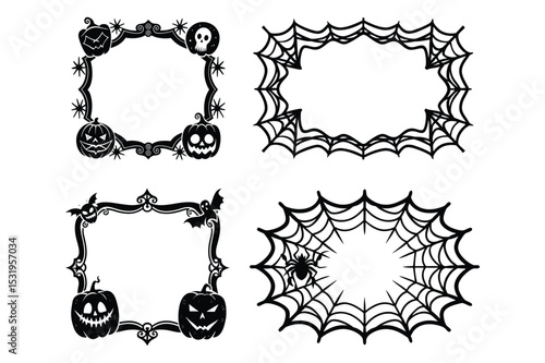 Spooky halloween themed border frames with pumpkins bats skulls and spider webs in black silhouettes