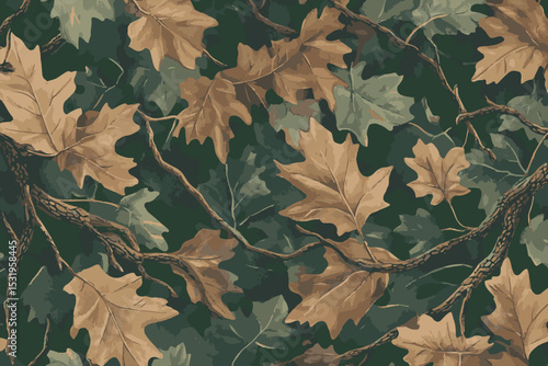 Leaves hunting camouflage pattern. Forest camouflage. Tree branches, leaves, acorns, Christmas trees. Pattern for clothing, various products.