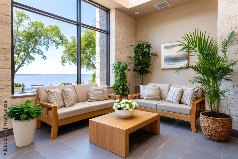 Elegant waiting room overlooking lake showcasing modern interior design Elegant waiting room overlooking lake showcasing modern interior design