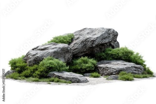 Gray rocks and green bushes